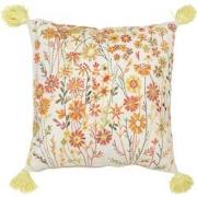 J-line - Kussen Vierkant Bloemen+kwastjes Katoen Wit/oranje - 45x45x15...