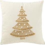 J-line - Kussen Kerstboom Franjes+pompoms Katoen Wit/goud - 45x45x12cm