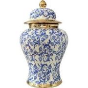 Fine Asianliving Chinese Gemberpot Blauw Wit Goud Bladeren Handgemaakt