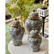 Fine Asianliving Chinese Gemberpot Blauw Wit Goud Bladeren Handgemaakt