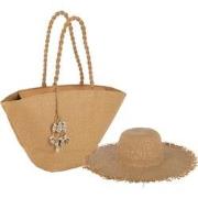 J-line - Set Van 2 Strandtas Met Schelpen + Hoed Papier Lichtbruin - 6...