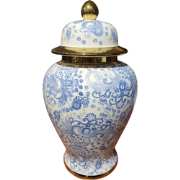 Fine Asianliving Chinese Gemberpot Blauw Wit Goud Floral Handgemaakt