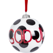 Decoratieve kerstbal van wit en rood glas, met patroon en tekst D8