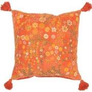 J-Line - Kussen Vierkant Bloemen+kwastjes Fluweel Oranje - 50x50x15cm