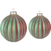 Clayre & Eef Kerstbal Set van 2  Ø 10 / Ø 8 cm Rood Groen Glas Kerstde...