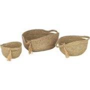 J-Line - Set Van 3 Mand Rond Met Handvat+ Kwast Gras Naturel - 33x40x1...