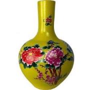 Fine Asianliving Chinese Vaas Geel Bloemen Pioenen Handgemaakt