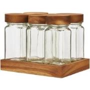 Set van 6 Glazen Kruidenpotjes – Acaciahouten Deksels & Plateau – Incl...