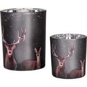 Clayre & Eef Theelichthouder Set van 2 Ø 7x8 / 10x13 cm Grijs Glas Her...