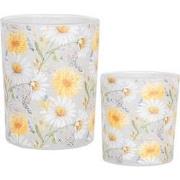 Clayre & Eef Theelichthouder Set van 2 Ø 7x8 / 10x13 cm Wit Geel Glas ...