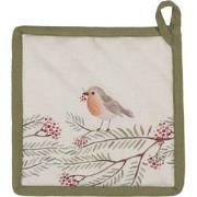 Clayre & Eef Pannenlap  20x20 cm Beige Groen Katoen Vogel Afgiet Panne...