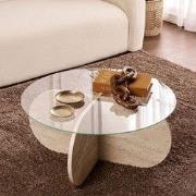 Salontafel Aris Rond 75 cm Glas - Travertijn Onderstel