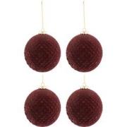 J-Line - Doos Van 4 Kerstballen Patroon Fluweel Glas Burgundy Medium -...