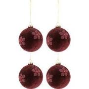 J-Line - Doos Van 4 Kerstballen Bloemen Fluweel Glas Burgundy Medium -...