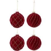 J-Line - Doos Van 4 Kerstbal 2+2 Lijnen/geruit Fluweel Rood/goud - 10x...