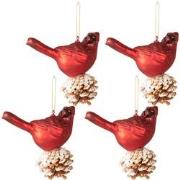 Clayre & Eef Kerstbal Set van 4 Vogel 11x6x12 cm Rood Wit Glas Kerstbo...