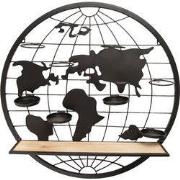 Clayre & Eef Wandrek  Ø 70x14 cm Bruin Hout Ijzer Rond Wereldkaart Muu...