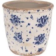 Clayre & Eef Bloempot Binnen Ø 15x14 cm Beige Blauw Keramiek Roosjes