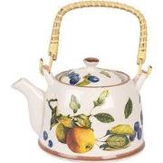 Clayre & Eef Theepot met Filter 800 ml Wit Geel Keramiek Sinaasappel