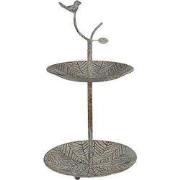 Clayre & Eef Etagère 2 laags Ø 26x48 cm Groen Bruin Metaal Vogel