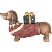 Clayre & Eef Kerstdecoratie Beeld Hond Teckel 47x14x28 cm Bruin Rood K...