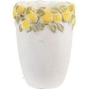 Clayre & Eef Bloempot Ø 13x17 cm Wit Geel Steen Citroenen