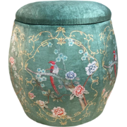 Fine Asianliving Velours Poef met Opbergruimte Rond Groen Vogels