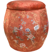 Fine Asianliving Velours Poef met Opbergruimte Rond Rood Vogels