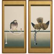 Fine Asianliving Chinees Schilderij Vogels Bladgoud Set/2 B37xH94cm