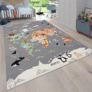 Kindervloerkleed - Binola - Wereldkaart - Grijs - 160x220 cm