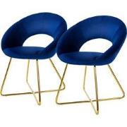 Eetkamerstoel set van 2 met ronde open rugleuning blauw fluweel met go...