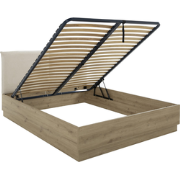 Opbergbed met hoofdbord in beige stof 160 x 200 cm eikendecor - TIDY