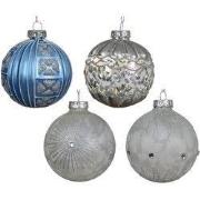 Kerstbal glas d8 cm blauw/wit a4