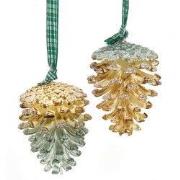 Plastic creme/groene dennenappel 2A 7,5 cm ornament