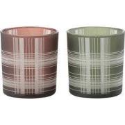 Theelichthouder geruit glas mat bruin/groen s 7,3x7,3x8 cm