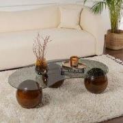 Organische salontafel grijs getint glas walnoot bolpoten Sphere 120x70...