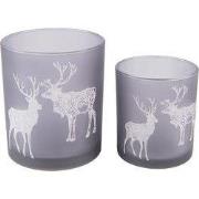 Clayre & Eef Theelichthouder Set van 2 Grijs Glas Rendier