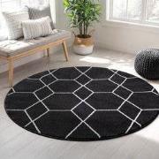Trellis Uni Rond Effen Laagpolig Vloerkleed Modern Zwart- 200 CM ROND