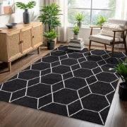 Trellis Uni Effen Laagpolig Vloerkleed Modern Zwart- 80x150 CM