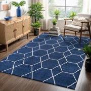 Trellis Uni Effen Laagpolig Vloerkleed Modern Donkerblauw Navy- 200x29...